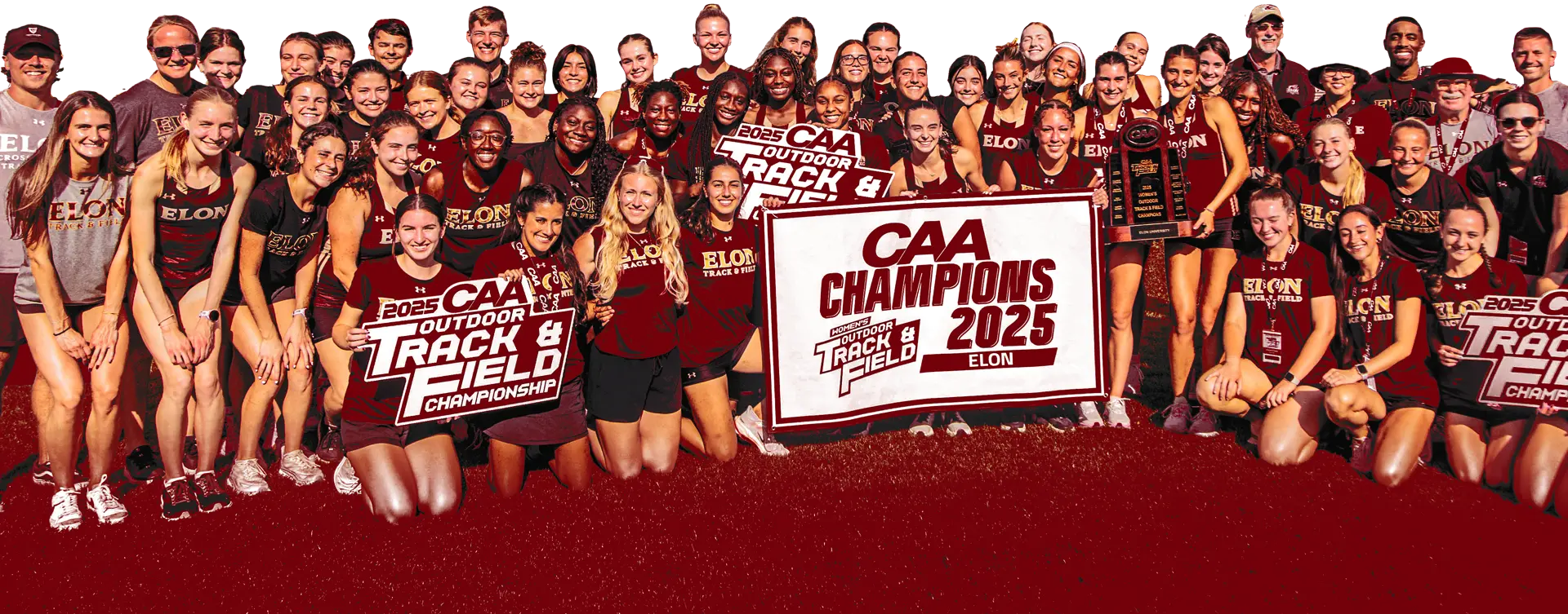 Large group photo of student-athletes holding CAA Champions signs